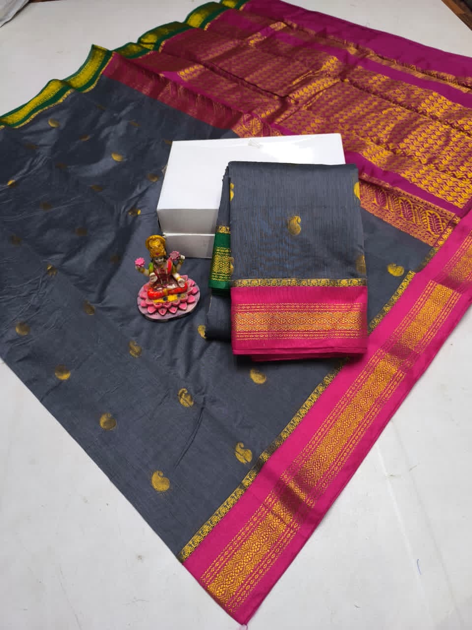 Traditional Black Silk Cotton Saree with Green Rich Pallu